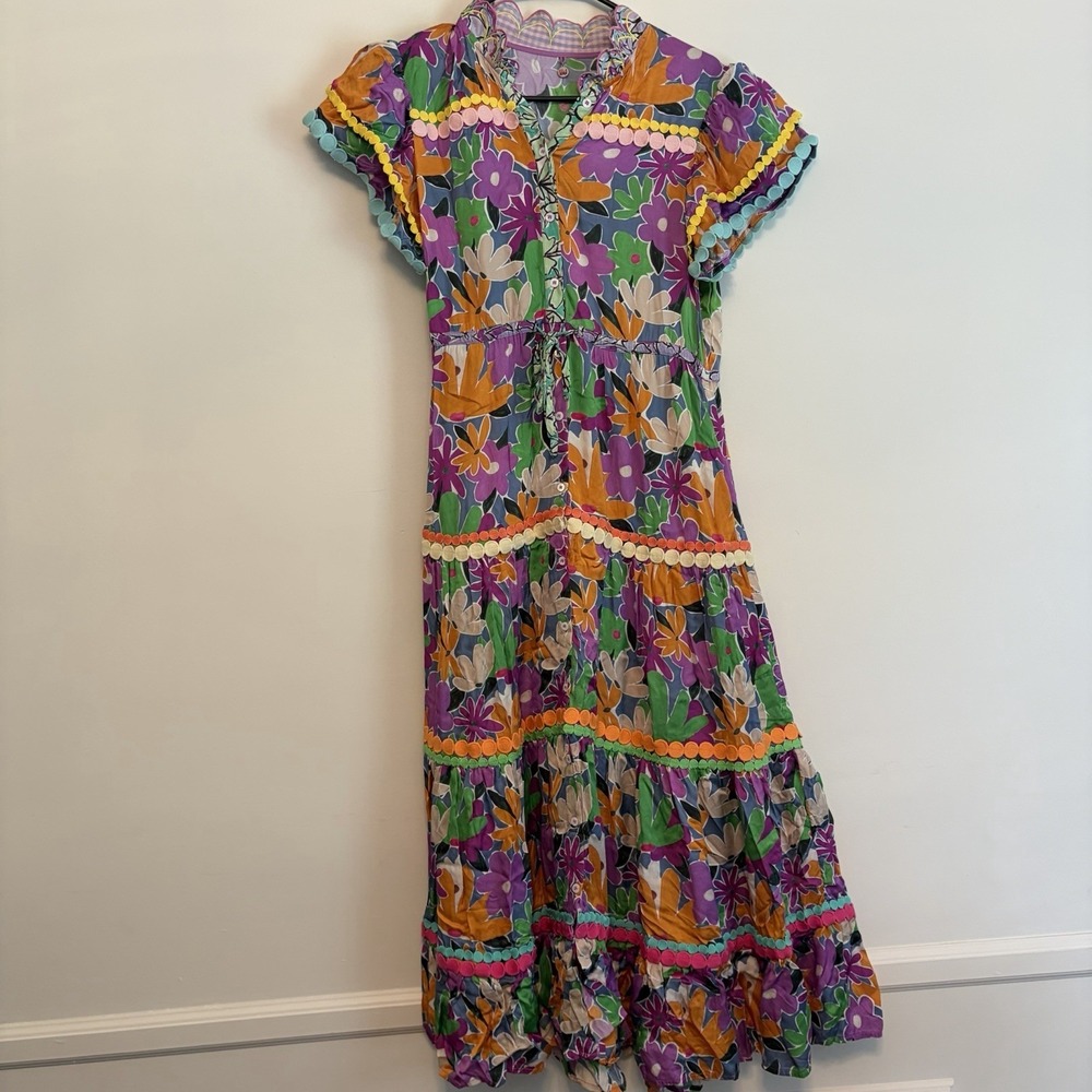 Celia B Aneeta Midi Dress Multicolor Floral Ruffle Button Front Flutter Sleeve M